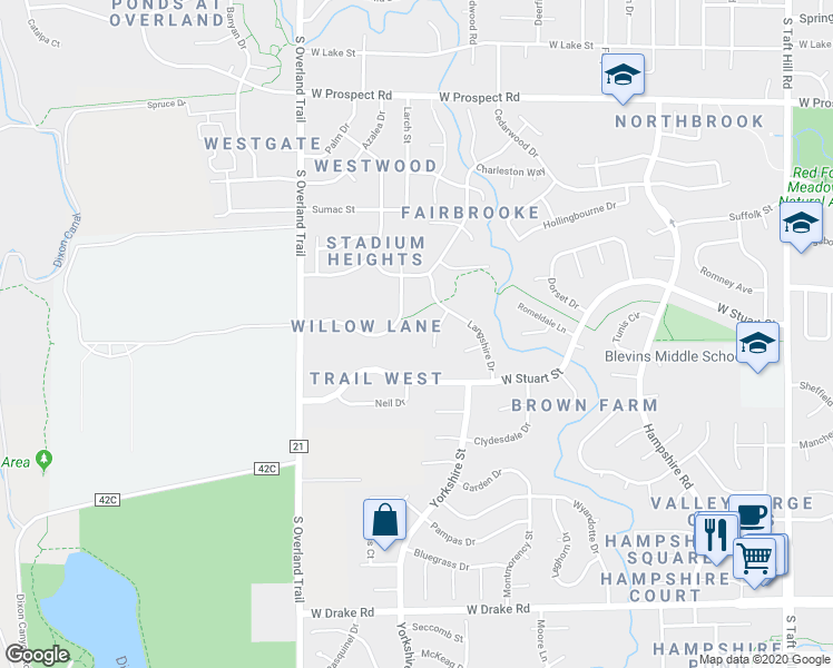 map of restaurants, bars, coffee shops, grocery stores, and more near 2049 White Rock Court in Fort Collins