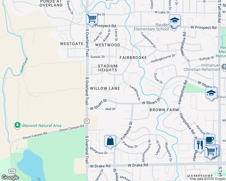 map of restaurants, bars, coffee shops, grocery stores, and more near West Stuart Street in Fort Collins