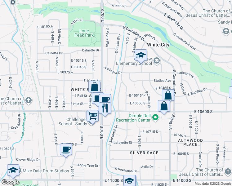 map of restaurants, bars, coffee shops, grocery stores, and more near 10530 South Silver Mountain Drive in Sandy