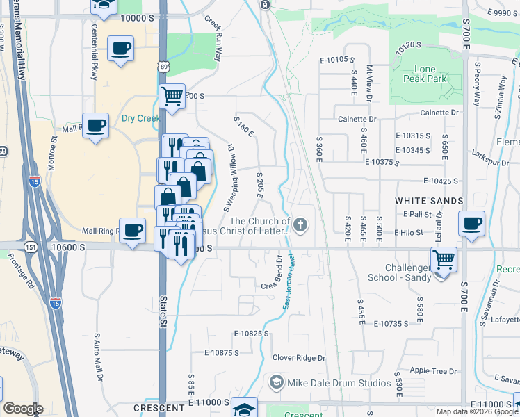 map of restaurants, bars, coffee shops, grocery stores, and more near 197 Golden Willow Circle in Sandy