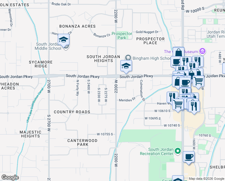 map of restaurants, bars, coffee shops, grocery stores, and more near 2182 Meridies Drive in South Jordan