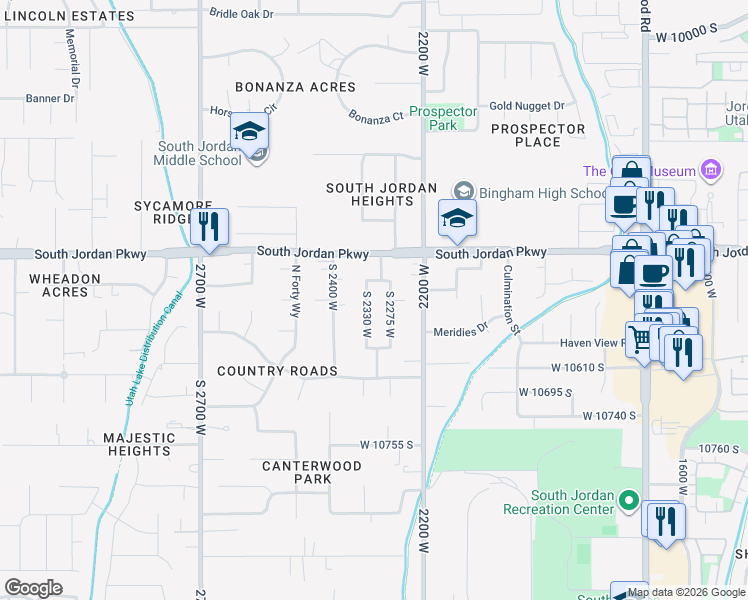 map of restaurants, bars, coffee shops, grocery stores, and more near 10532 South 2330 West in South Jordan