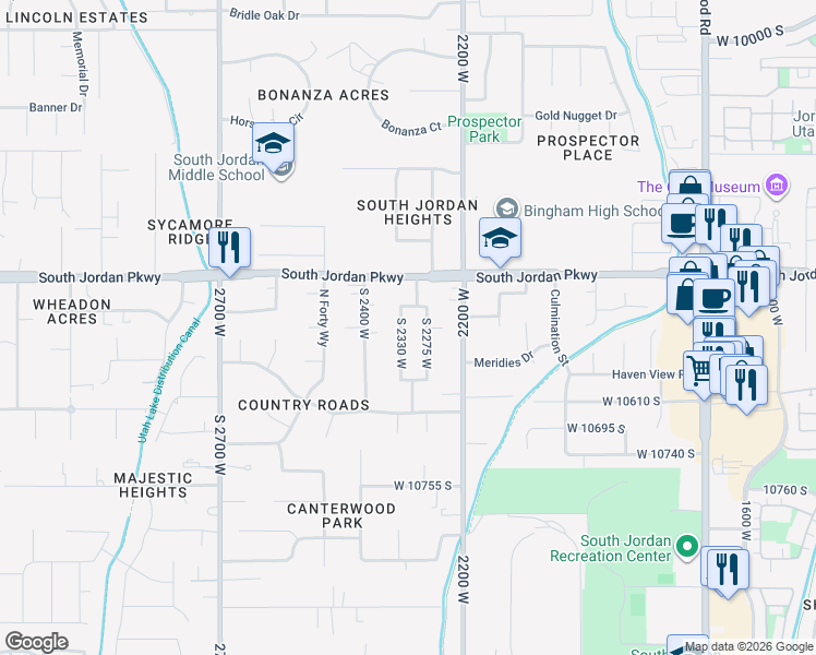 map of restaurants, bars, coffee shops, grocery stores, and more near 10532 South 2330 West in South Jordan