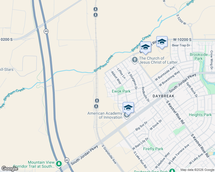 map of restaurants, bars, coffee shops, grocery stores, and more near 10521 Liv Way in South Jordan
