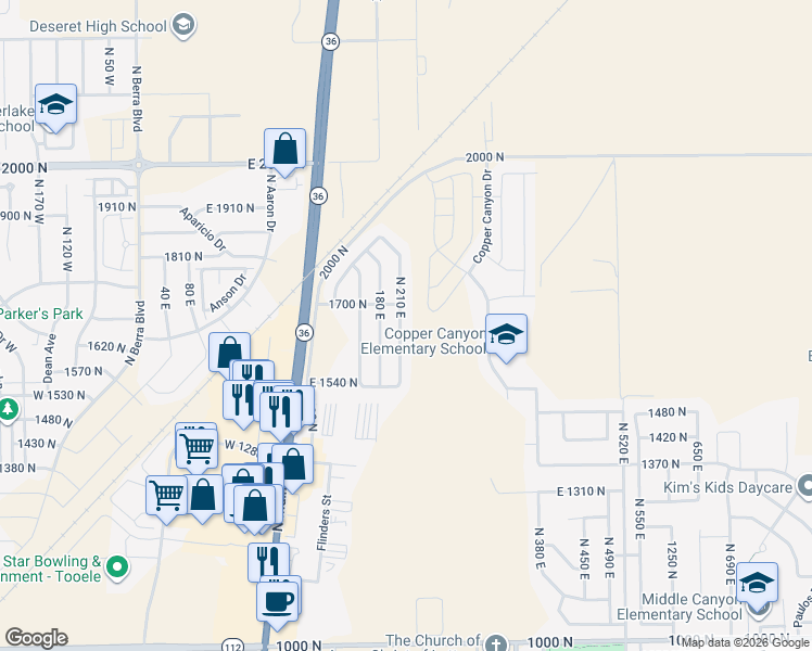map of restaurants, bars, coffee shops, grocery stores, and more near 1604 180 East in Tooele