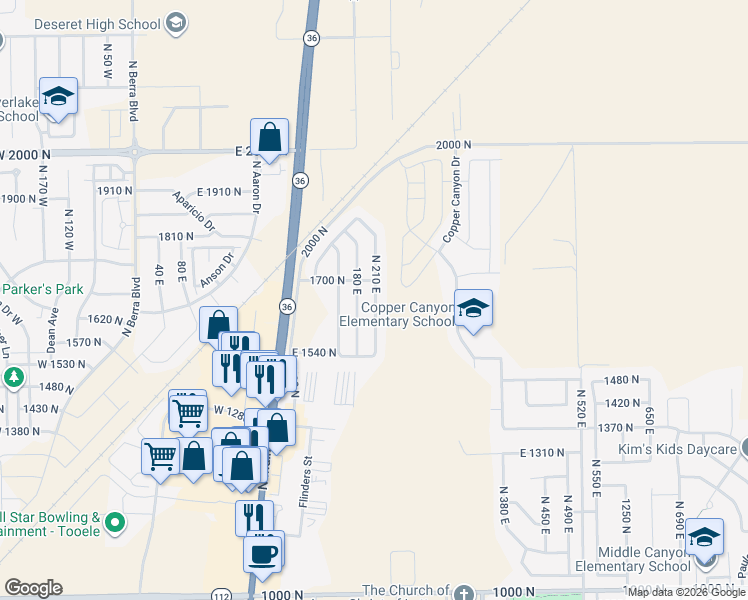 map of restaurants, bars, coffee shops, grocery stores, and more near 1604 180 East in Tooele