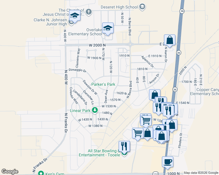 map of restaurants, bars, coffee shops, grocery stores, and more near 1618 Dean Avenue in Tooele
