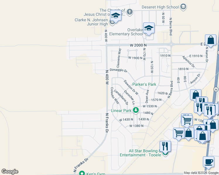map of restaurants, bars, coffee shops, grocery stores, and more near 1629 Colavito Way in Tooele