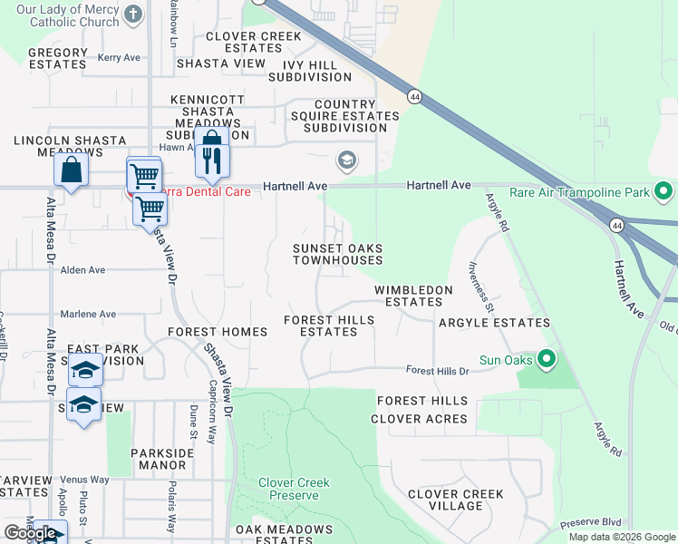map of restaurants, bars, coffee shops, grocery stores, and more near 3266 Woodbury Drive in Redding