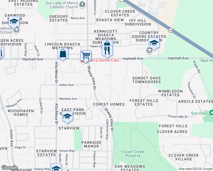 map of restaurants, bars, coffee shops, grocery stores, and more near 3254 Leonard Street in Redding