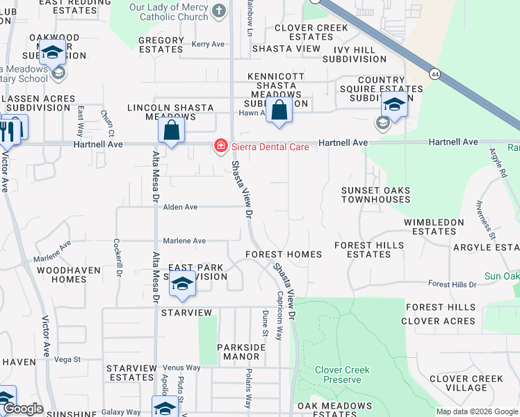map of restaurants, bars, coffee shops, grocery stores, and more near 3247 Forest Homes Drive in Redding