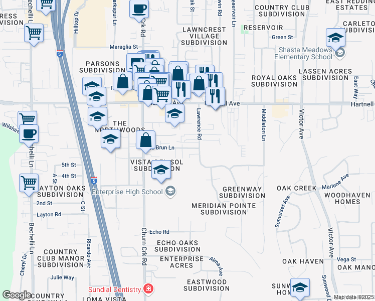 map of restaurants, bars, coffee shops, grocery stores, and more near 3236 Lawrence Road in Redding