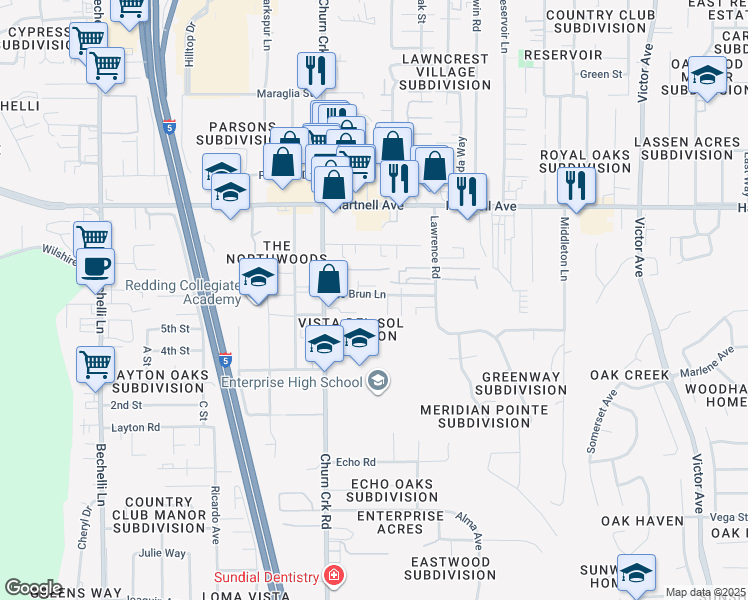 map of restaurants, bars, coffee shops, grocery stores, and more near 1142 Del Sol Place in Redding