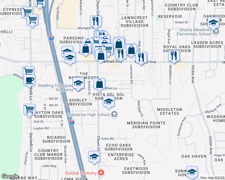 map of restaurants, bars, coffee shops, grocery stores, and more near 1142 Del Sol Place in Redding