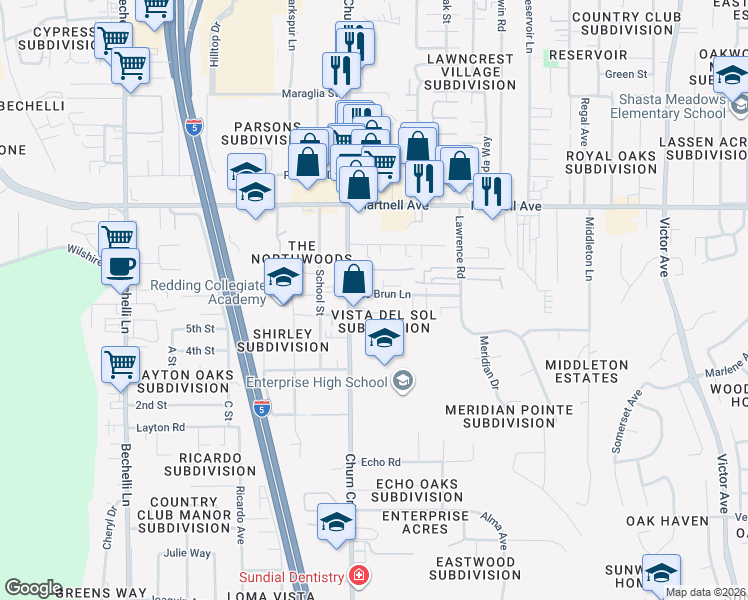 map of restaurants, bars, coffee shops, grocery stores, and more near 1064 Del Sol Place in Redding