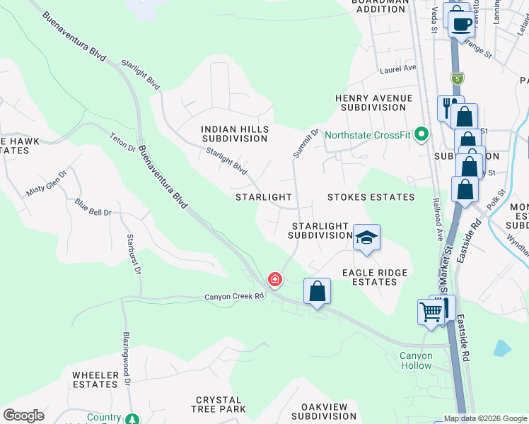 map of restaurants, bars, coffee shops, grocery stores, and more near 3750 Brian Court in Redding