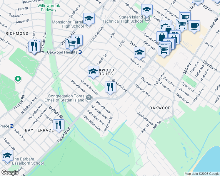 map of restaurants, bars, coffee shops, grocery stores, and more near 830 Clawson Street in Staten Island