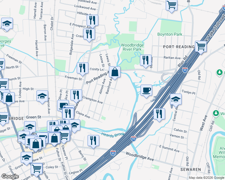 map of restaurants, bars, coffee shops, grocery stores, and more near 576 Watson Avenue in Woodbridge Township