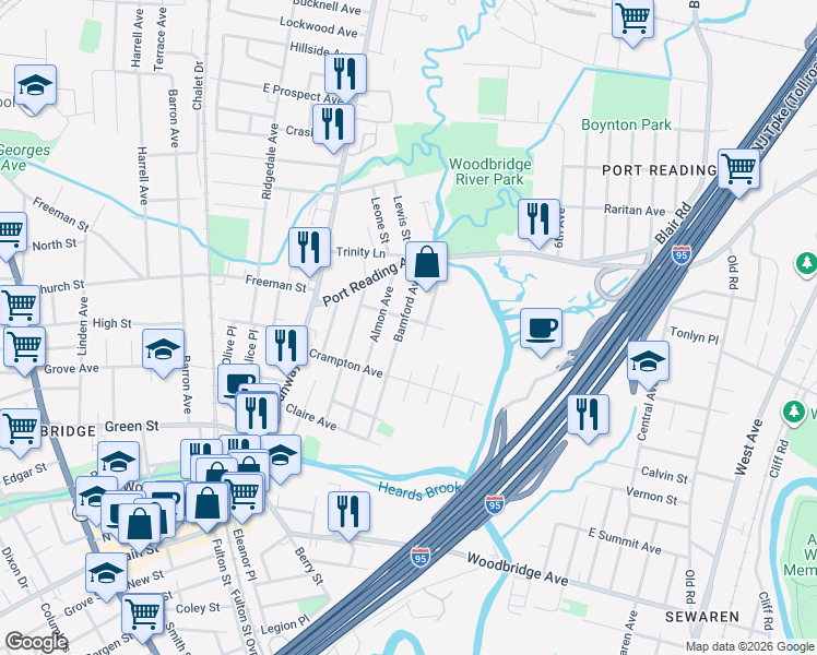 map of restaurants, bars, coffee shops, grocery stores, and more near 561 Bamford Avenue in Woodbridge Township