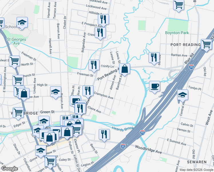map of restaurants, bars, coffee shops, grocery stores, and more near 556 Garden Avenue in Woodbridge Township
