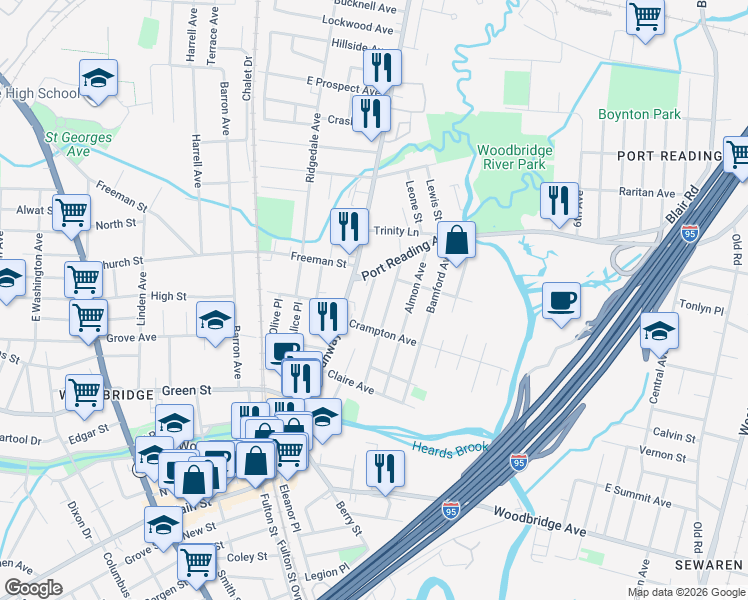 map of restaurants, bars, coffee shops, grocery stores, and more near 556 Garden Avenue in Woodbridge Township