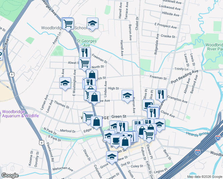map of restaurants, bars, coffee shops, grocery stores, and more near 545 Myrtle Avenue in Woodbridge Township