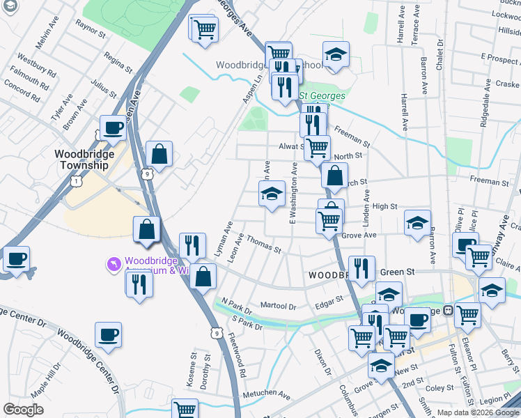 map of restaurants, bars, coffee shops, grocery stores, and more near 2 South Lincoln Avenue in Woodbridge Township