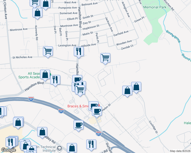map of restaurants, bars, coffee shops, grocery stores, and more near 220 Ryan Street in South Plainfield