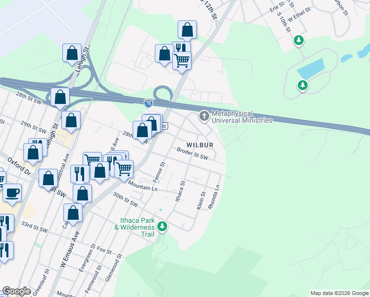 map of restaurants, bars, coffee shops, grocery stores, and more near 2513 28th Street Southwest in Allentown