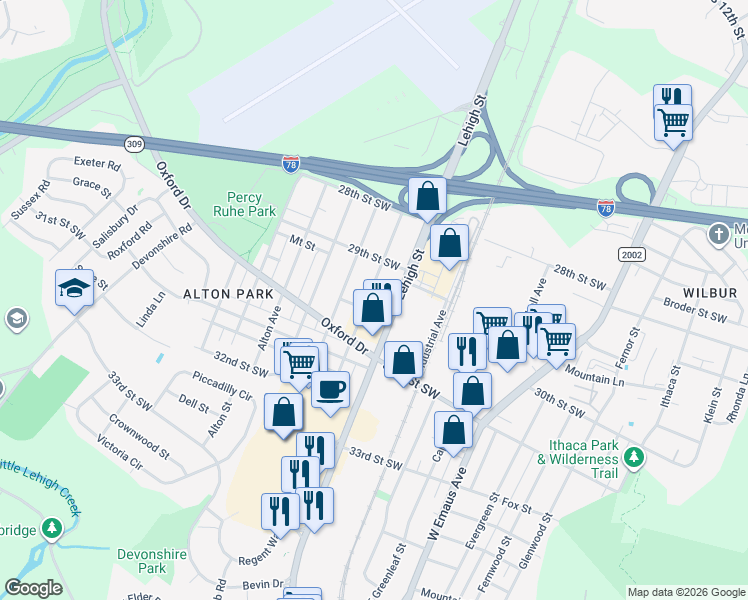 map of restaurants, bars, coffee shops, grocery stores, and more near 2952 State Route 2005 in Allentown