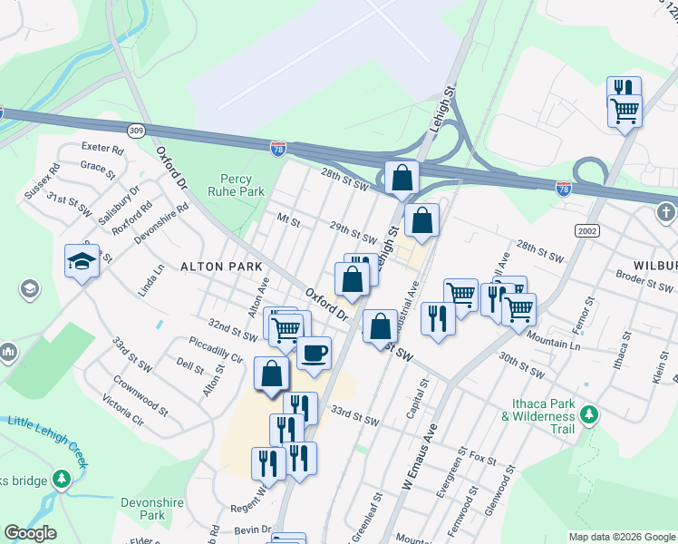 map of restaurants, bars, coffee shops, grocery stores, and more near 3017 Moravian Avenue in Allentown