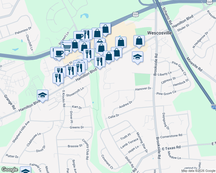 map of restaurants, bars, coffee shops, grocery stores, and more near 5375 Hanover Drive in Wescosville