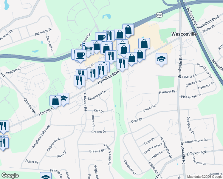 map of restaurants, bars, coffee shops, grocery stores, and more near 5517 Tanglewood Lane in Allentown