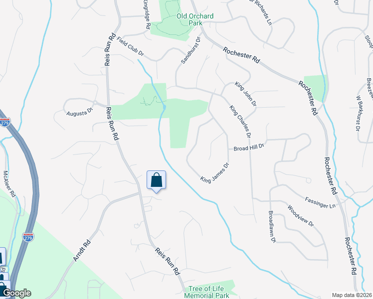 map of restaurants, bars, coffee shops, grocery stores, and more near 1621 King James Drive in Pittsburgh
