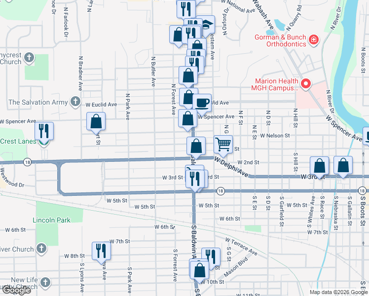 map of restaurants, bars, coffee shops, grocery stores, and more near 1421-1425 West 2nd Street in Marion