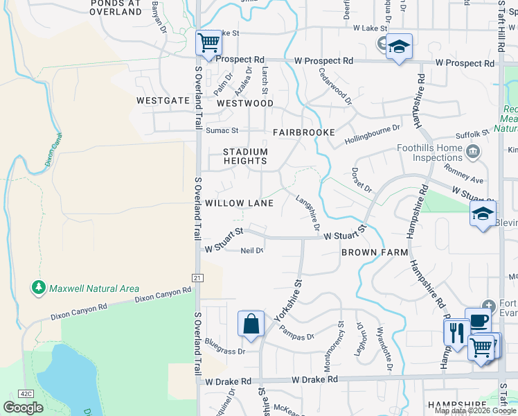 map of restaurants, bars, coffee shops, grocery stores, and more near 2929 Ross Drive in Fort Collins