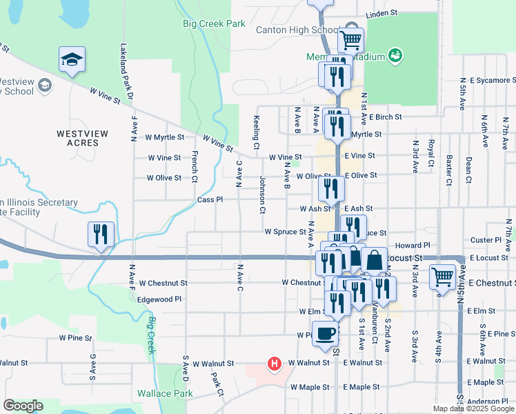 map of restaurants, bars, coffee shops, grocery stores, and more near 257 West Spruce Street in Canton