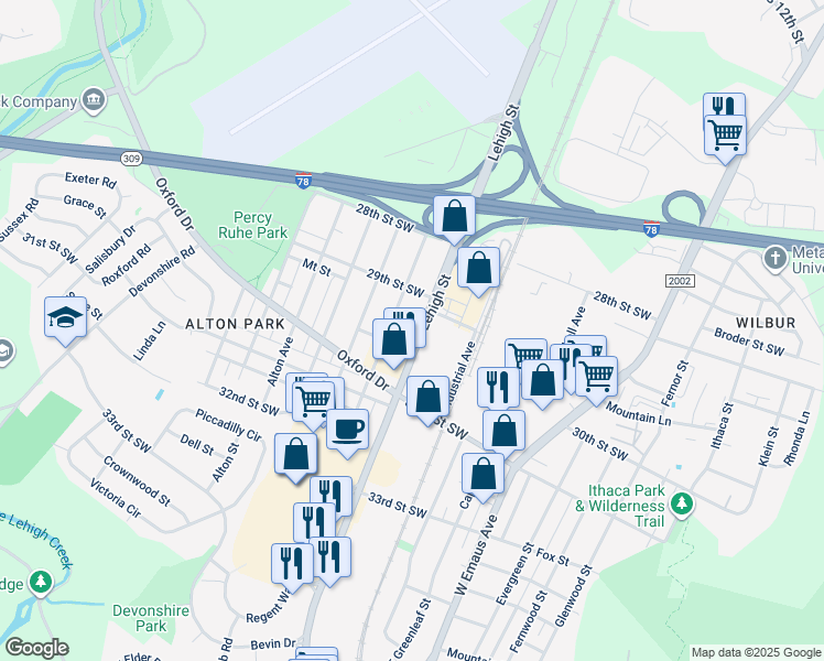 map of restaurants, bars, coffee shops, grocery stores, and more near 2936 Lehigh Street in Allentown