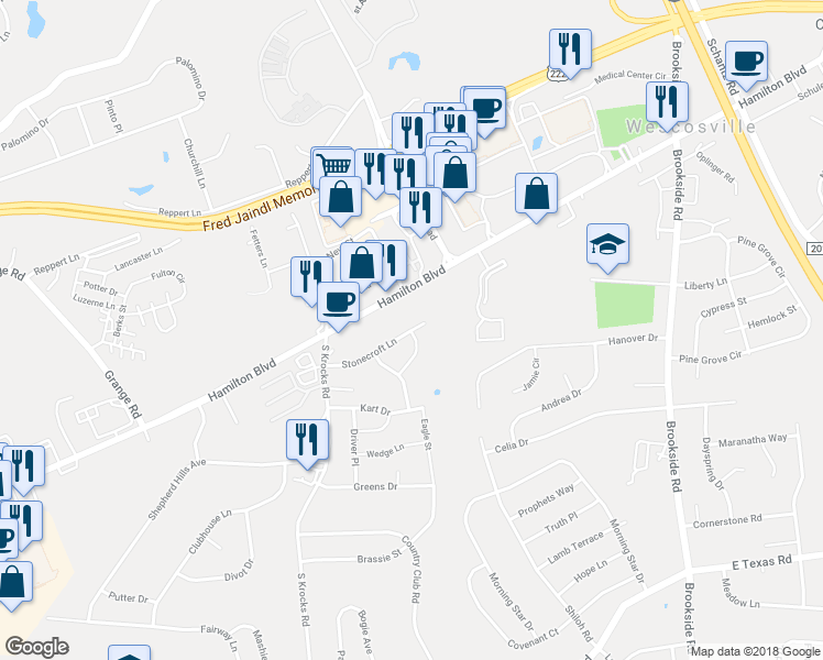 map of restaurants, bars, coffee shops, grocery stores, and more near 5480 Tanglewood Lane in Allentown