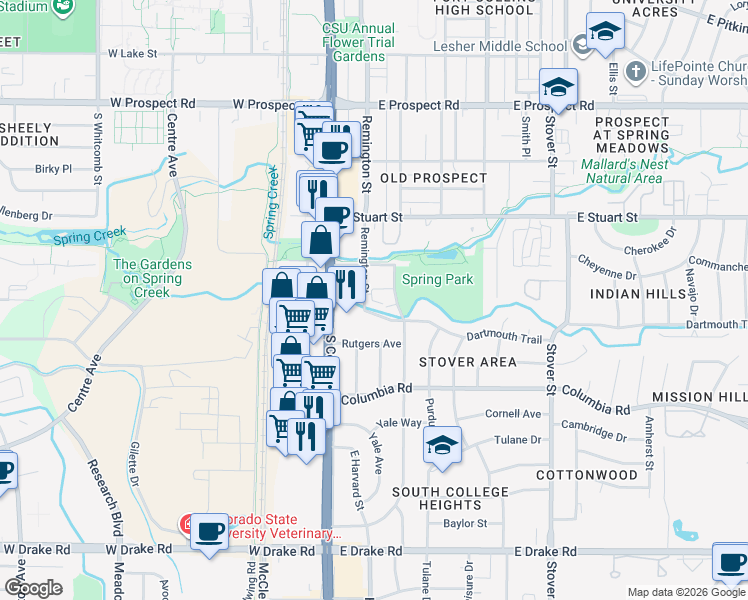 map of restaurants, bars, coffee shops, grocery stores, and more near 125 Dartmouth Trail in Fort Collins