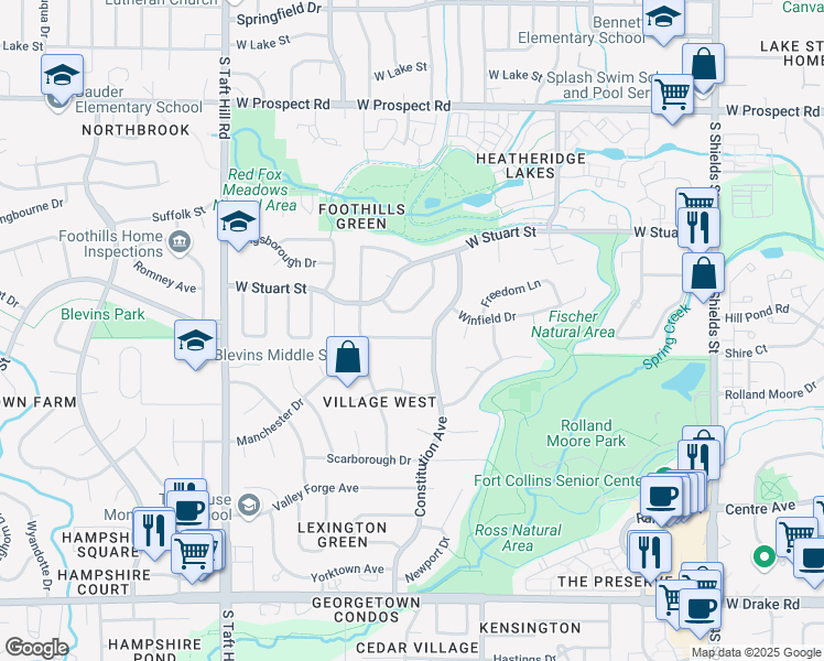 map of restaurants, bars, coffee shops, grocery stores, and more near 1712 Glenwood Drive in Fort Collins