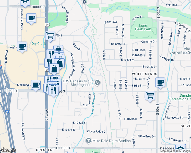 map of restaurants, bars, coffee shops, grocery stores, and more near 262 East Sandy Sage Way in Sandy