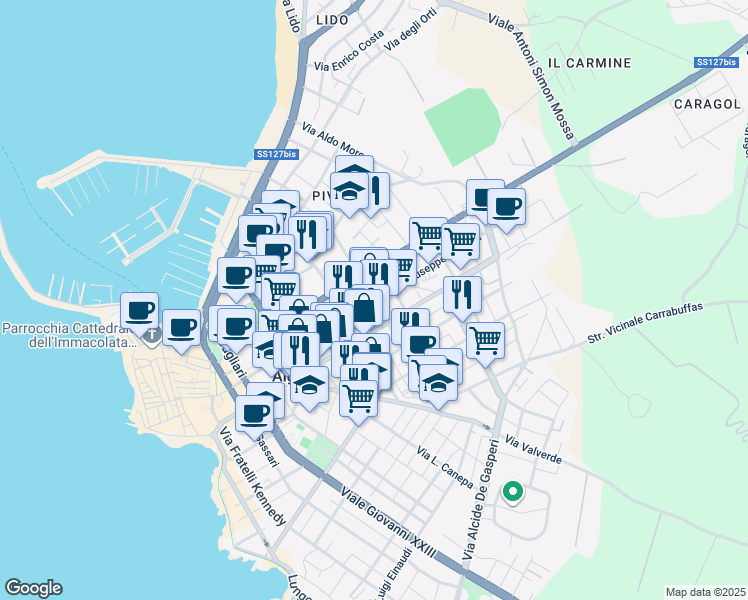 map of restaurants, bars, coffee shops, grocery stores, and more near 154 Via XX Settembre in Alghero