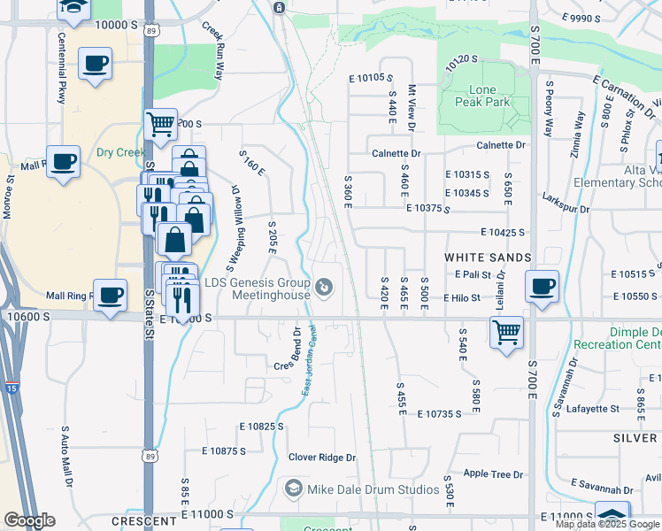 map of restaurants, bars, coffee shops, grocery stores, and more near 10441 South Beetdigger Boulevard in Sandy