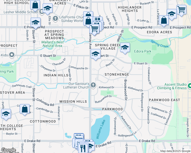 map of restaurants, bars, coffee shops, grocery stores, and more near 1125 Indian Summer Court in Fort Collins
