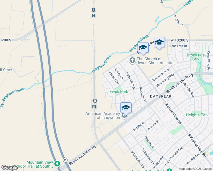 map of restaurants, bars, coffee shops, grocery stores, and more near 5533 West Pronghorn Drive in South Jordan