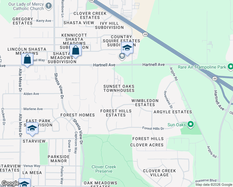 map of restaurants, bars, coffee shops, grocery stores, and more near 2961 Horizon View Trail in Redding