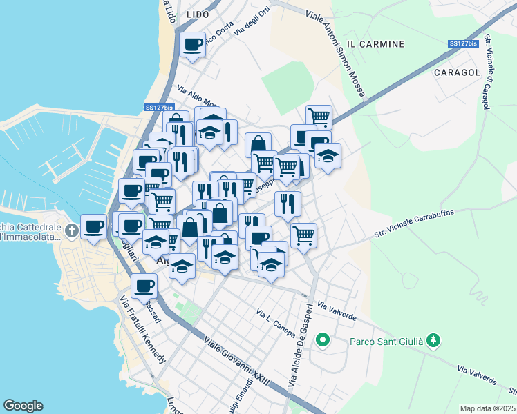map of restaurants, bars, coffee shops, grocery stores, and more near 150 Via Giuseppe Mazzini in Alghero