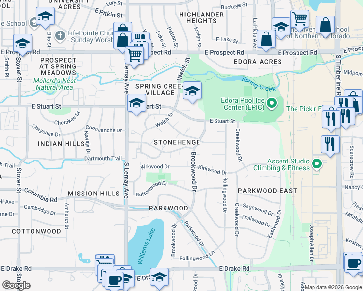 map of restaurants, bars, coffee shops, grocery stores, and more near 1336 Stonehenge Drive in Fort Collins
