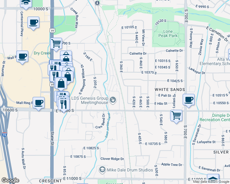 map of restaurants, bars, coffee shops, grocery stores, and more near 10441 South Beetdigger Boulevard in Sandy